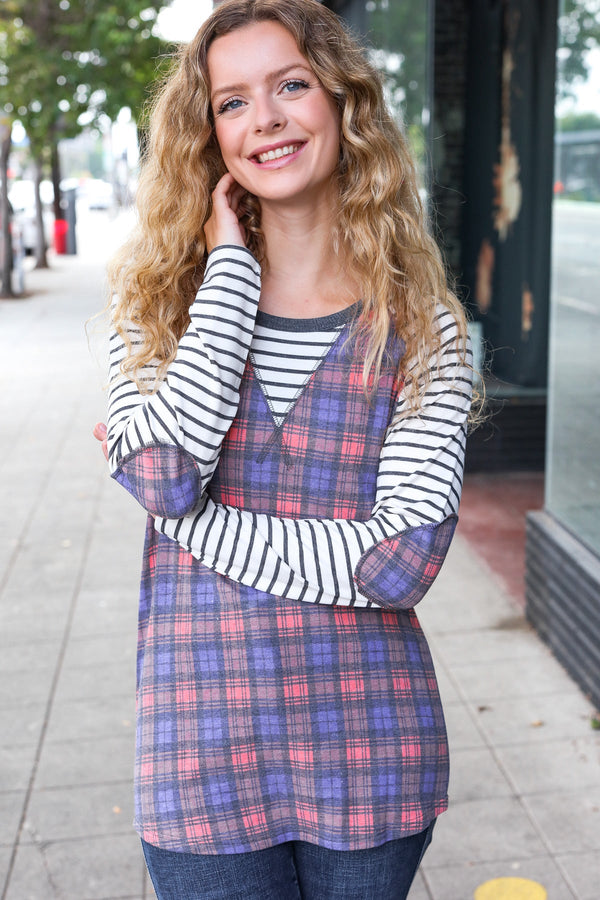 Feeling Playful Plaid/Stripe Outseam Stitch Elbow Patch Pullover - Coeur de la Mode