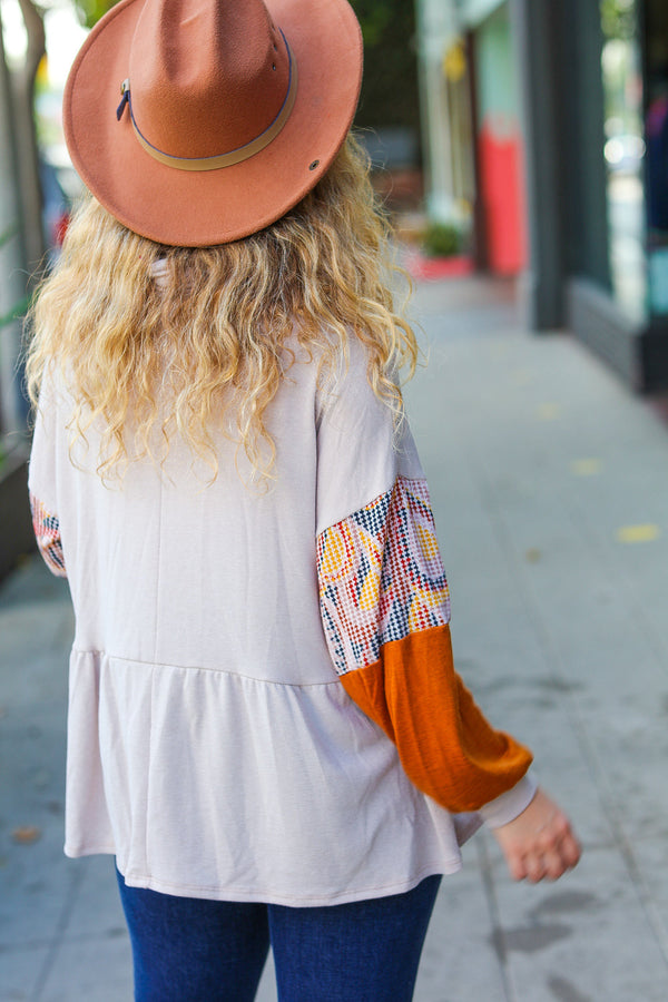 Taupe & Rust Turtleneck Babydoll Terry Top - Coeur de la Mode