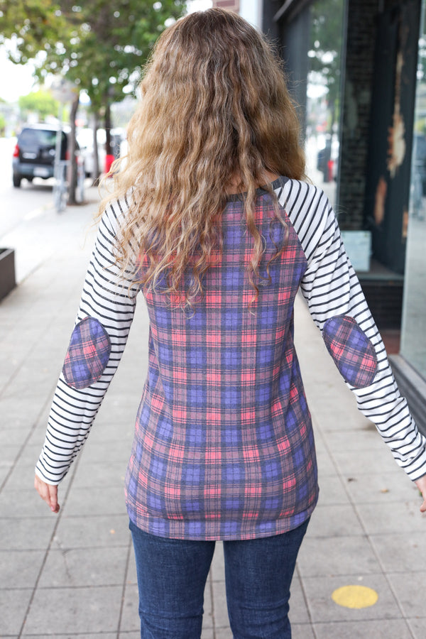 Feeling Playful Plaid/Stripe Outseam Stitch Elbow Patch Pullover - Coeur de la Mode