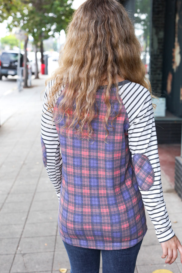 Feeling Playful Plaid/Stripe Outseam Stitch Elbow Patch Pullover - Coeur de la Mode