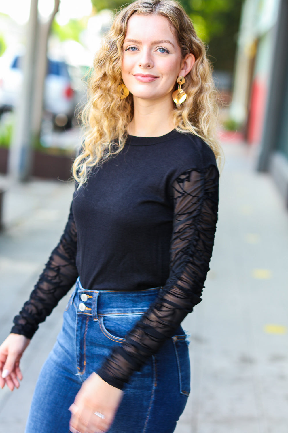 Can't Help But Love Black Shirred Velvet Mesh Blouse