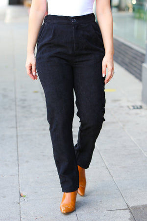 Going Your Way Black Corduroy High Rise Tapered Leg Pants - Coeur de la Mode