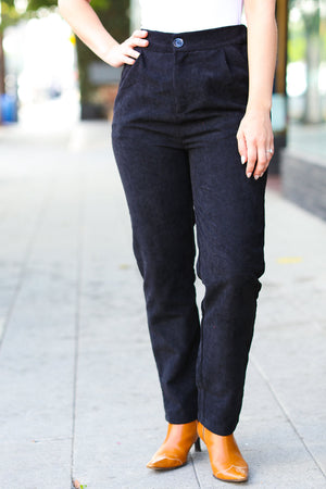 Going Your Way Black Corduroy High Rise Tapered Leg Pants - Coeur de la Mode