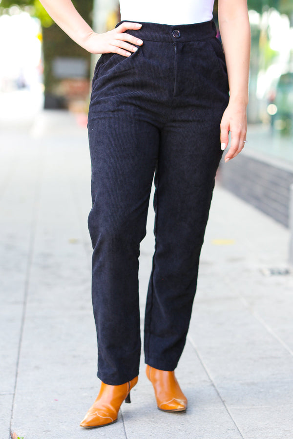 Going Your Way Black Corduroy High Rise Tapered Leg Pants - Coeur de la Mode