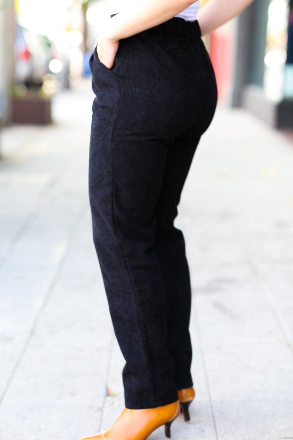 Going Your Way Black Corduroy High Rise Tapered Leg Pants - Coeur de la Mode