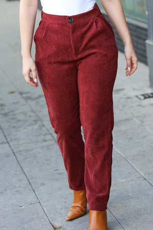 Going Your Way Burgundy Corduroy High Rise Tapered Pants - Coeur de la Mode