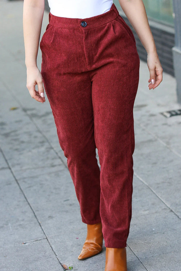 Going Your Way Burgundy Corduroy High Rise Tapered Pants - Coeur de la Mode