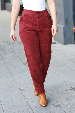 Going Your Way Burgundy Corduroy High Rise Tapered Pants - Coeur de la Mode