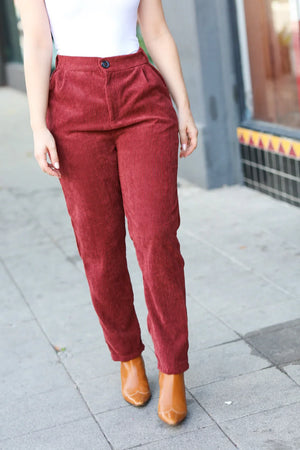 Going Your Way Burgundy Corduroy High Rise Tapered Pants - Coeur de la Mode