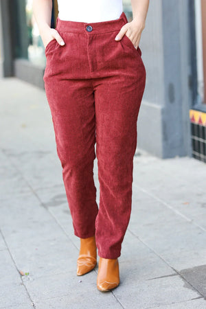 Going Your Way Burgundy Corduroy High Rise Tapered Pants - Coeur de la Mode