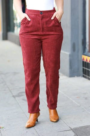 Going Your Way Burgundy Corduroy High Rise Tapered Pants - Coeur de la Mode
