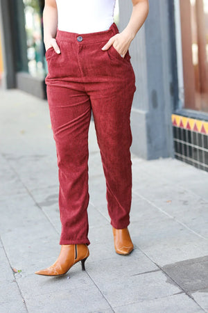 Going Your Way Burgundy Corduroy High Rise Tapered Pants - Coeur de la Mode