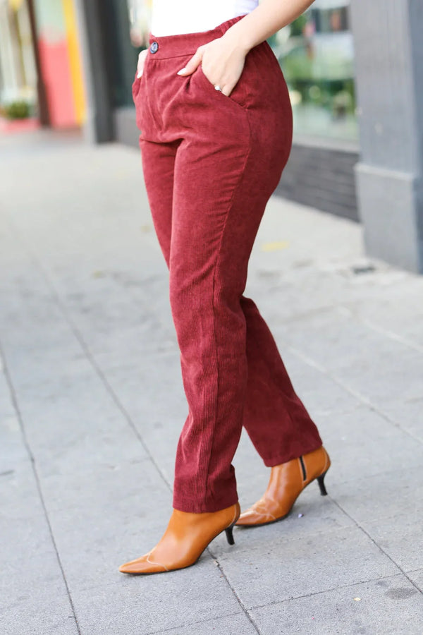 Going Your Way Burgundy Corduroy High Rise Tapered Pants - Coeur de la Mode