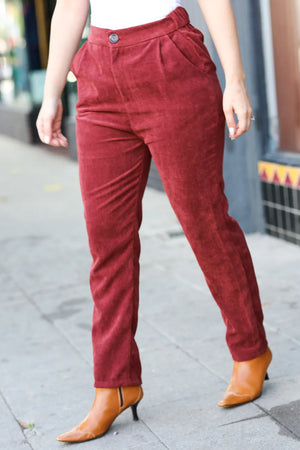 Going Your Way Burgundy Corduroy High Rise Tapered Pants - Coeur de la Mode