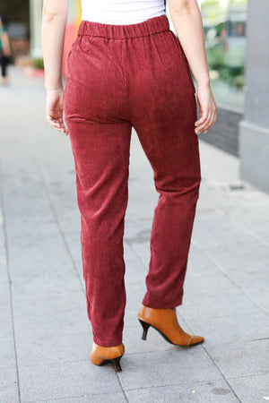 Going Your Way Burgundy Corduroy High Rise Tapered Pants - Coeur de la Mode