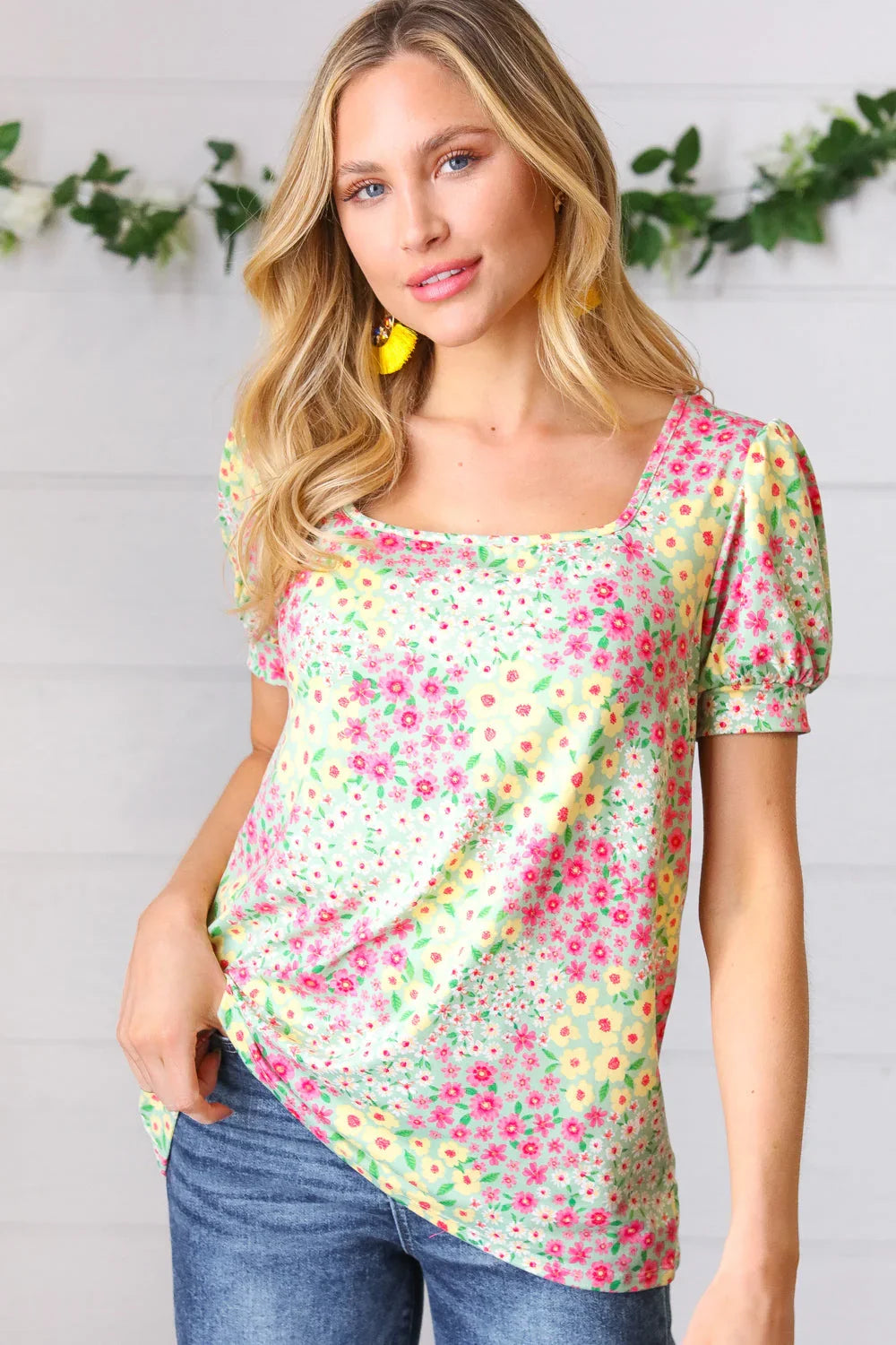 Canary/Mint Floral Square Neck Bubble Sleeve Top - Coeur de la Mode