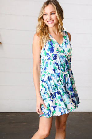 Green & Blue Floral Sleeveless Surplice Romper - Coeur de la Mode