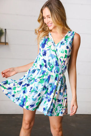 Green & Blue Floral Sleeveless Surplice Romper - Coeur de la Mode