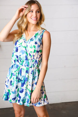 Green & Blue Floral Sleeveless Surplice Romper - Coeur de la Mode