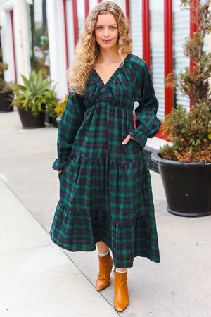 All I Want Hunter Green Plaid Elastic V Neck Tiered Maxi Dress - Coeur de la Mode