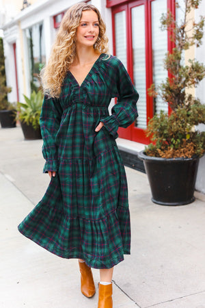 All I Want Hunter Green Plaid Elastic V Neck Tiered Maxi Dress - Coeur de la Mode