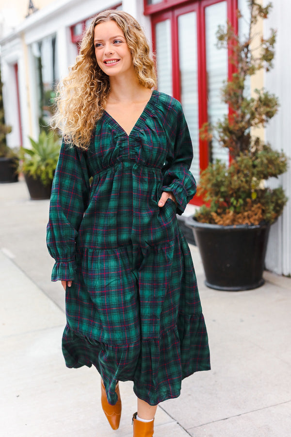 All I Want Hunter Green Plaid Elastic V Neck Tiered Maxi Dress - Coeur de la Mode