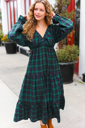 All I Want Hunter Green Plaid Elastic V Neck Tiered Maxi Dress - Coeur de la Mode