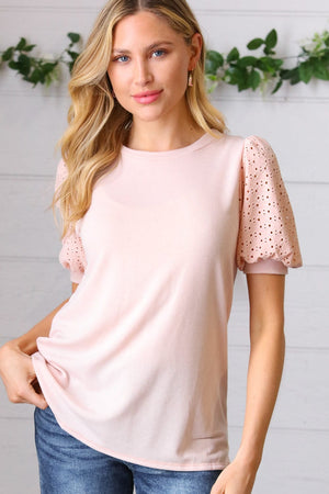 Peach Eyelet Puff Sleeve French Terry Top - Coeur de la Mode