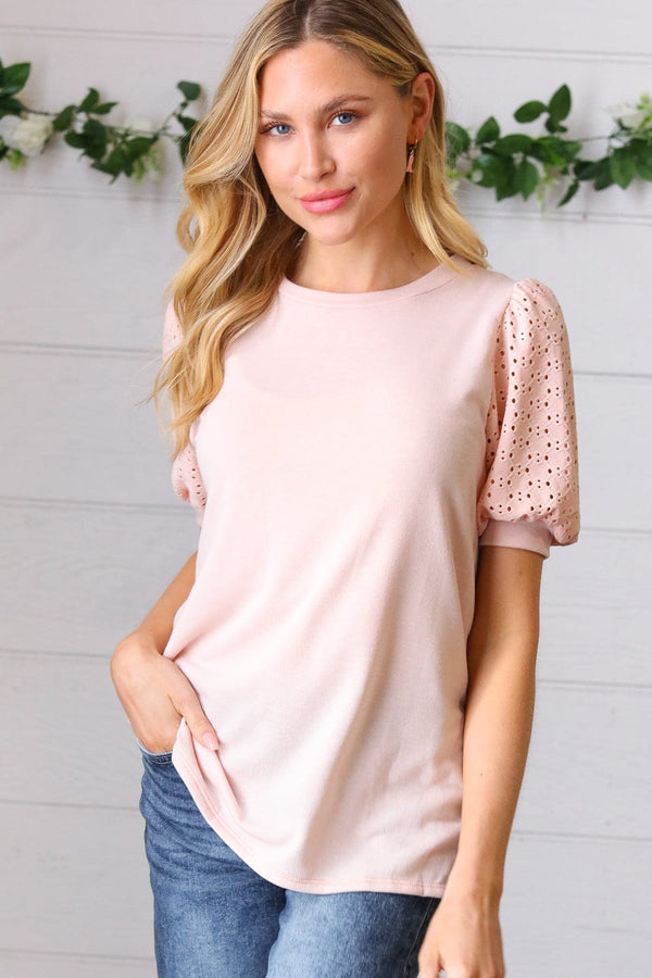 Peach Eyelet Puff Sleeve French Terry Top - Coeur de la Mode