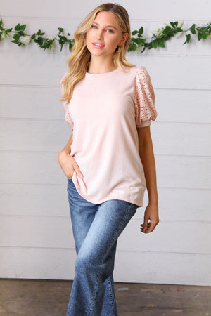 Peach Eyelet Puff Sleeve French Terry Top - Coeur de la Mode