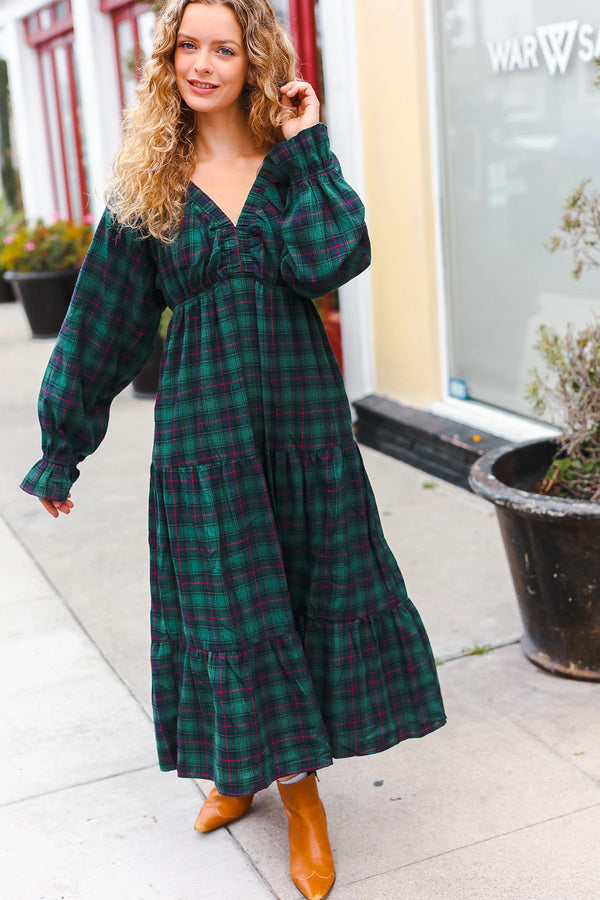 All I Want Hunter Green Plaid Elastic V Neck Tiered Maxi Dress - Coeur de la Mode