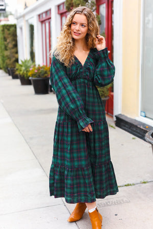 All I Want Hunter Green Plaid Elastic V Neck Tiered Maxi Dress - Coeur de la Mode