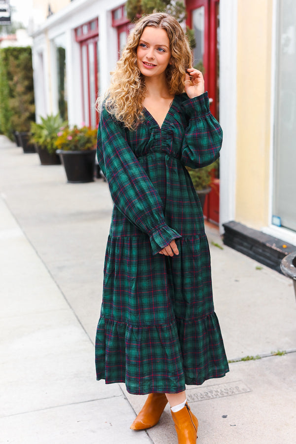 All I Want Hunter Green Plaid Elastic V Neck Tiered Maxi Dress - Coeur de la Mode