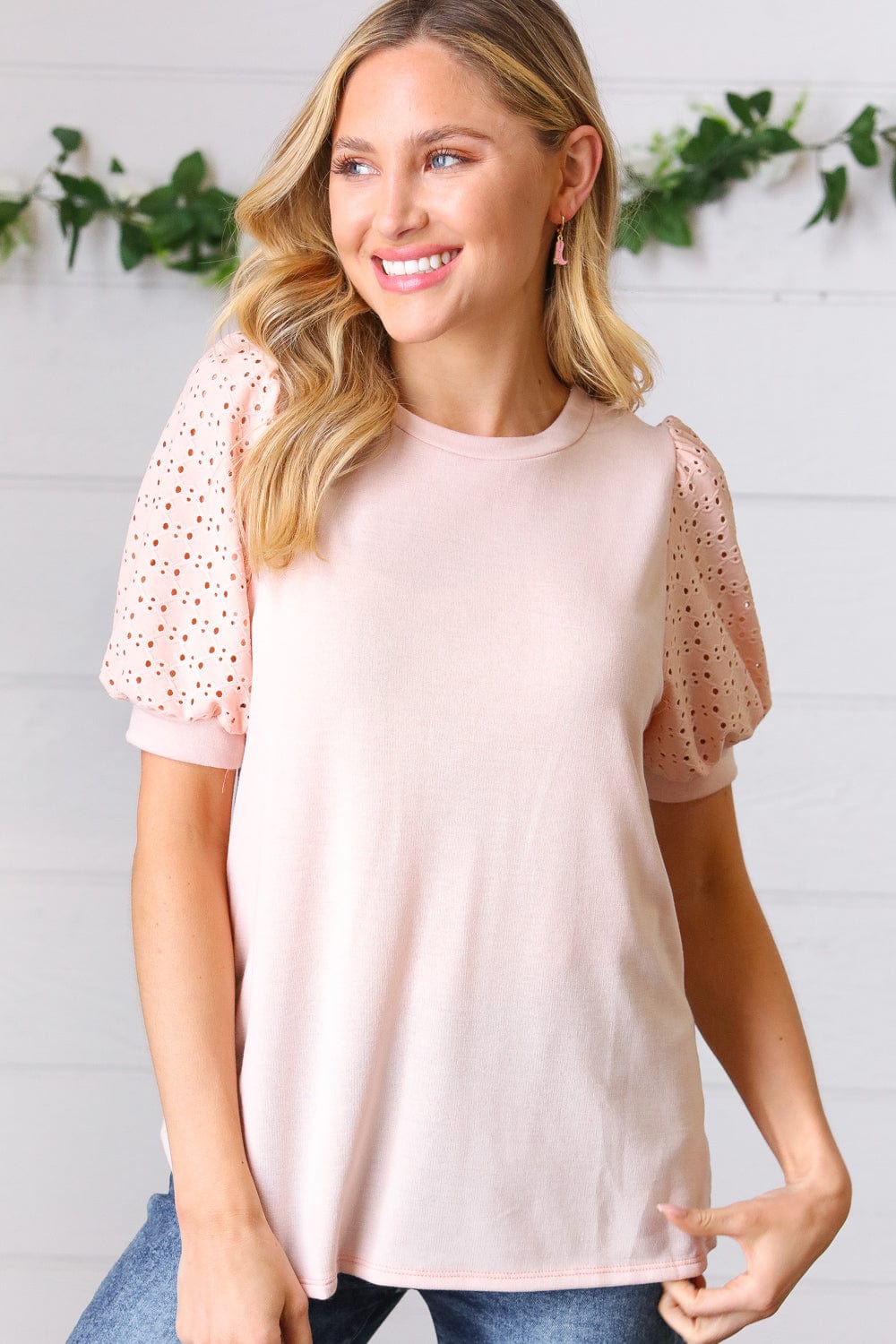 Peach Eyelet Puff Sleeve French Terry Top - Coeur de la Mode