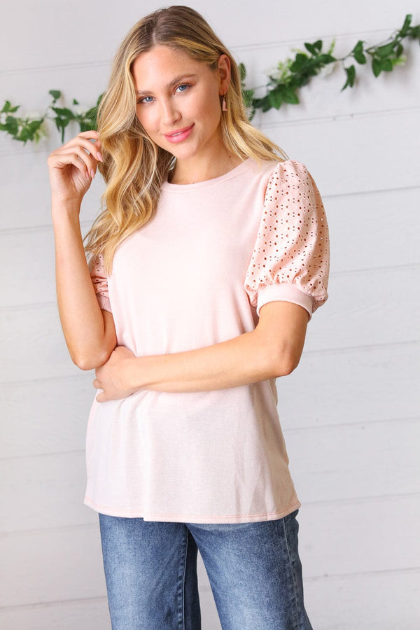 Peach Eyelet Puff Sleeve French Terry Top - Coeur de la Mode