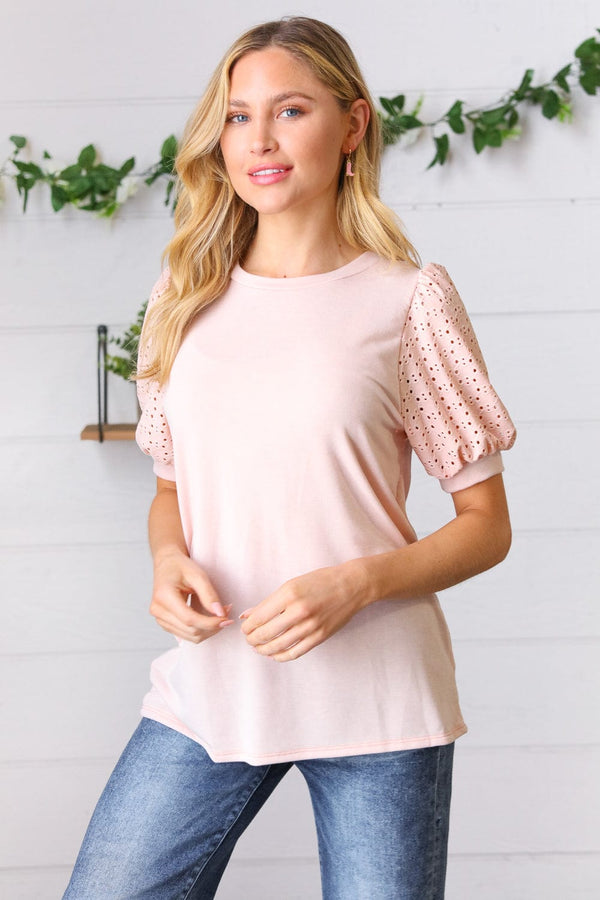 Peach Eyelet Puff Sleeve French Terry Top - Coeur de la Mode