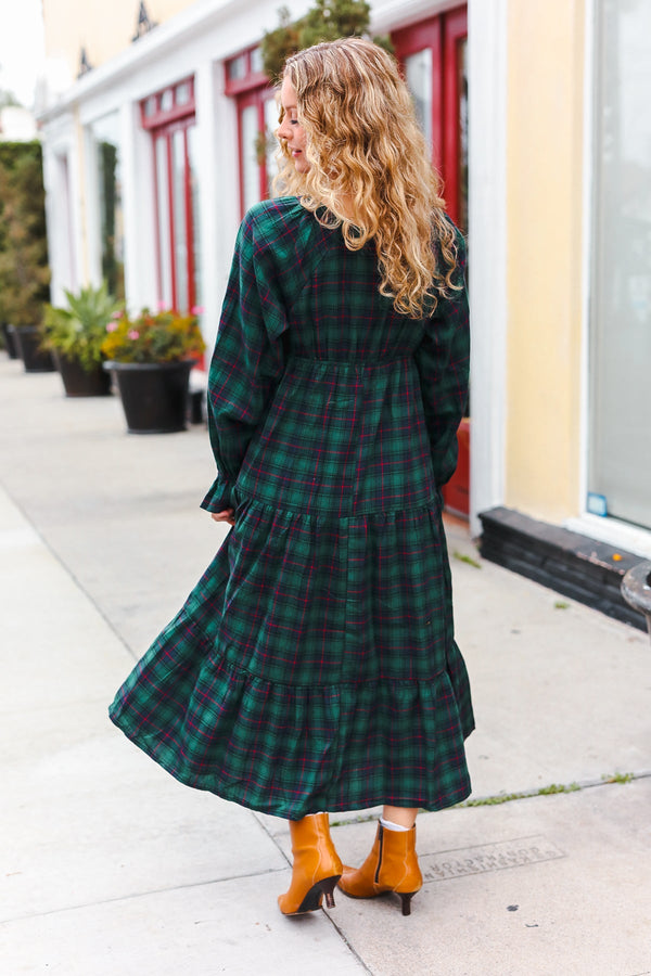 All I Want Hunter Green Plaid Elastic V Neck Tiered Maxi Dress - Coeur de la Mode