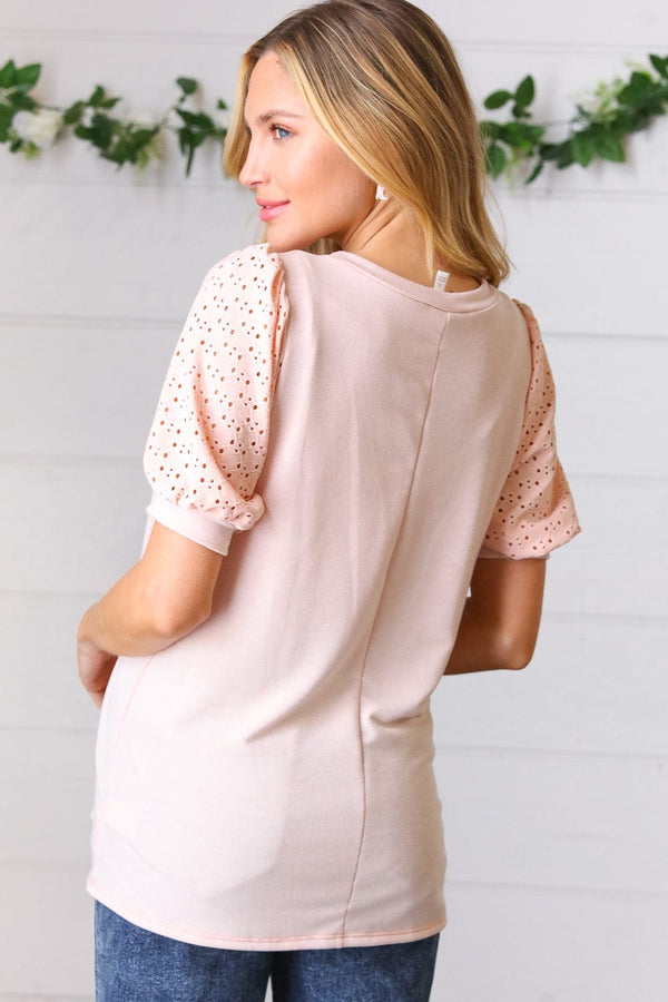 Peach Eyelet Puff Sleeve French Terry Top - Coeur de la Mode