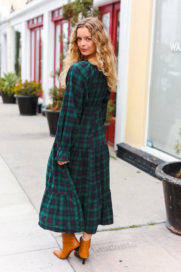 All I Want Hunter Green Plaid Elastic V Neck Tiered Maxi Dress - Coeur de la Mode