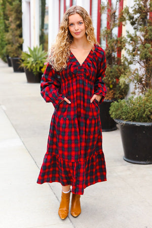 All I Want Red Plaid Elastic V Neck Tiered Maxi Dress - Coeur de la Mode