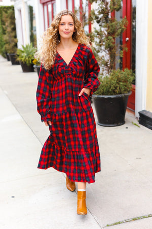 All I Want Red Plaid Elastic V Neck Tiered Maxi Dress - Coeur de la Mode