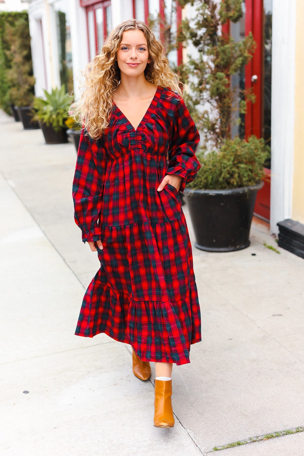 All I Want Red Plaid Elastic V Neck Tiered Maxi Dress - Coeur de la Mode