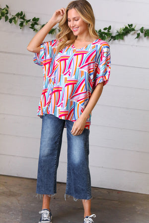 Blue & Fuchsia Geometric Print Woven Top - Coeur de la Mode