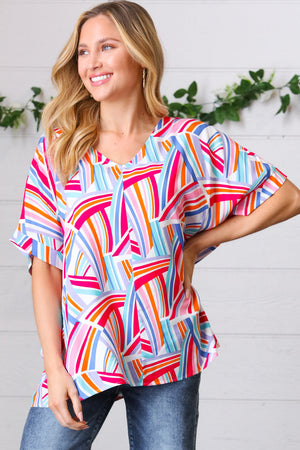 Blue & Fuchsia Geometric Print Woven Top - Coeur de la Mode