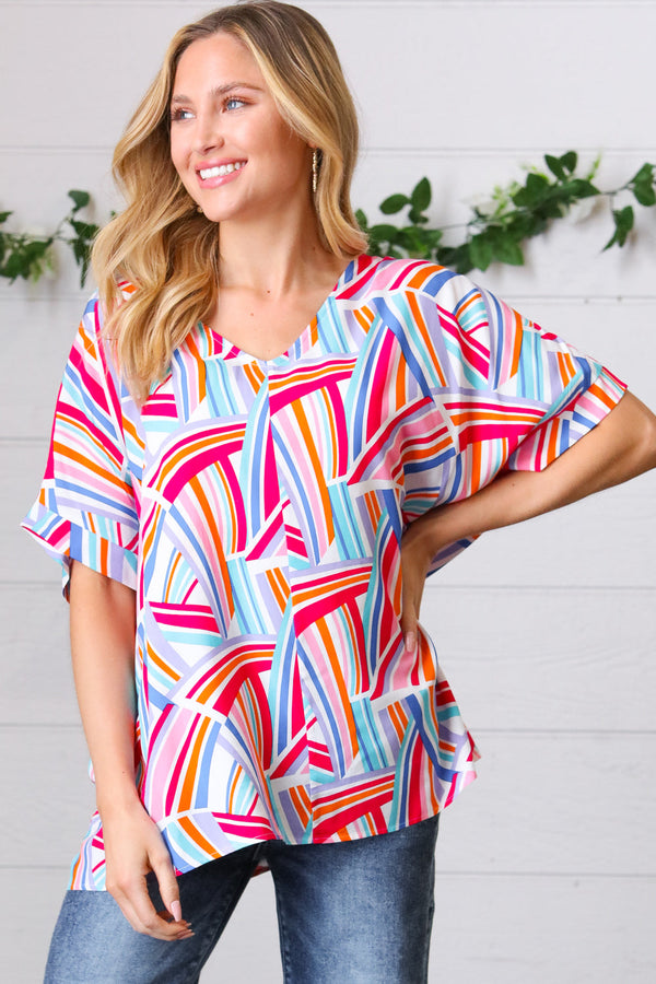 Blue & Fuchsia Geometric Print Woven Top - Coeur de la Mode
