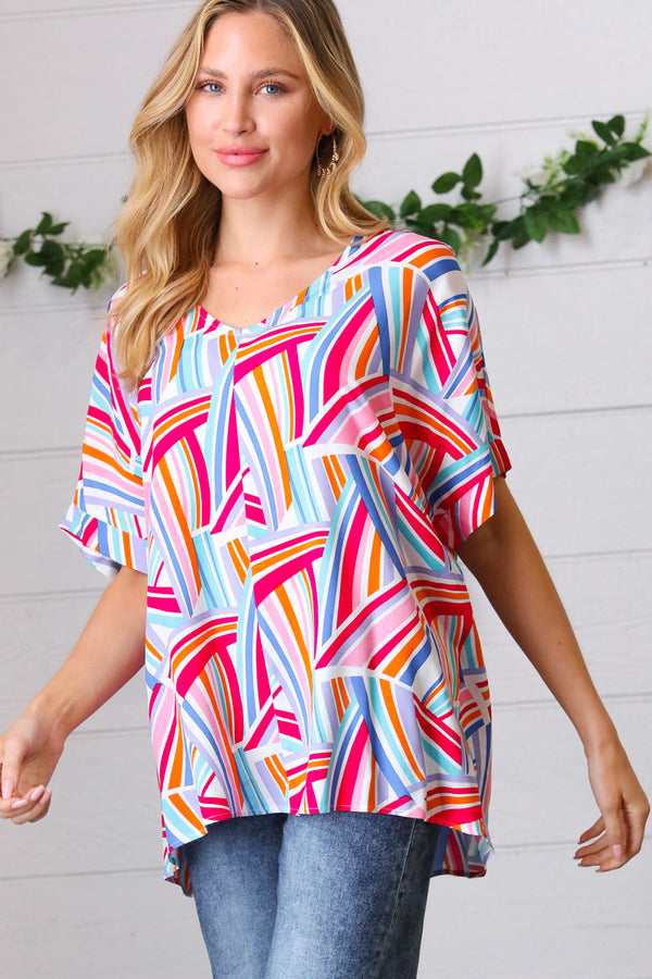 Blue & Fuchsia Geometric Print Woven Top - Coeur de la Mode