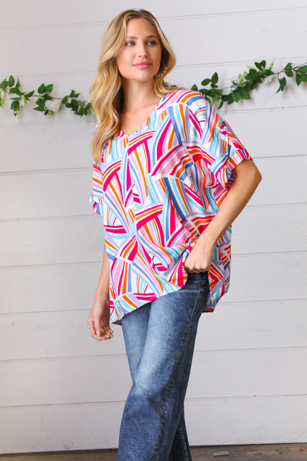 Blue & Fuchsia Geometric Print Woven Top - Coeur de la Mode