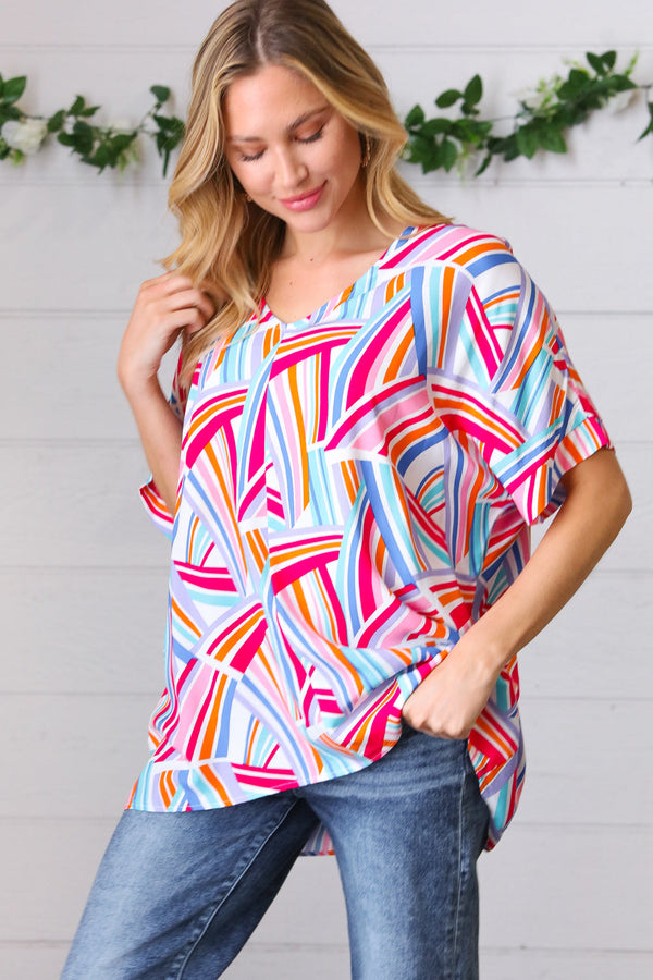 Blue & Fuchsia Geometric Print Woven Top - Coeur de la Mode