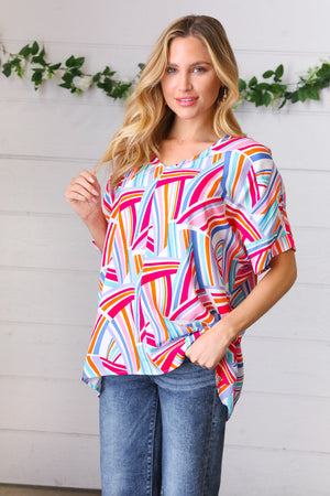 Blue & Fuchsia Geometric Print Woven Top - Coeur de la Mode