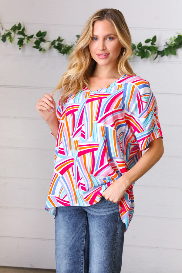 Blue & Fuchsia Geometric Print Woven Top - Coeur de la Mode